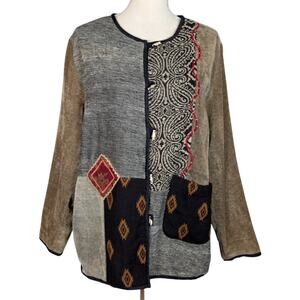 White Stag Patchwork Chenille Jacket L Boho Artsy Textured Button Front Coat